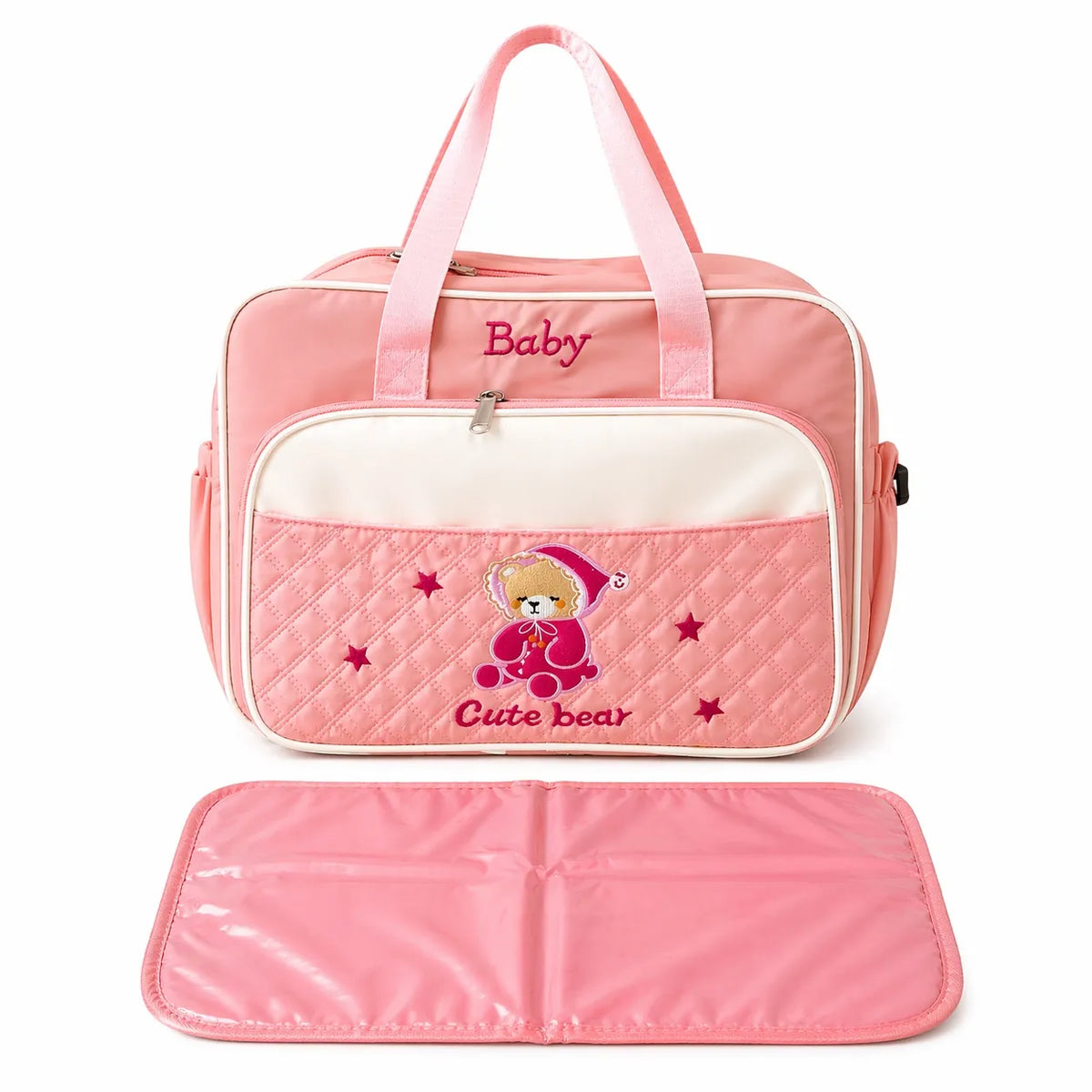 Pink Baby Diaper Bag Displayed with Waterproof Foldable Changing Mat for Travel and Daily Use