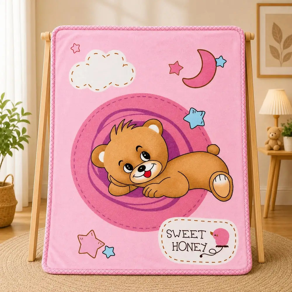 Pink baby soft blanket with teddy bear Sweet Honey design in Pakistan