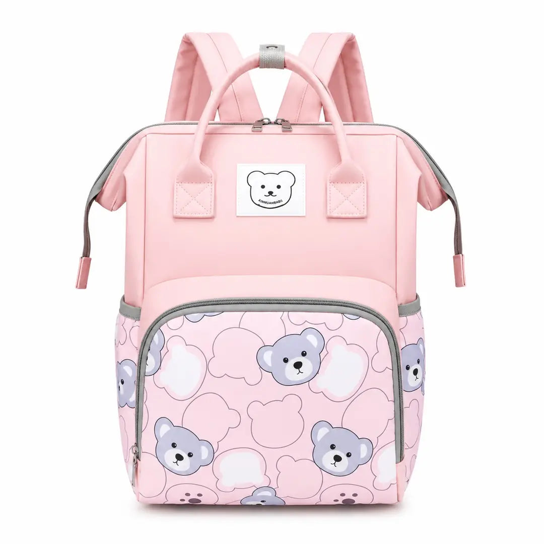 Baby diaper bag backpack pink bear print front view