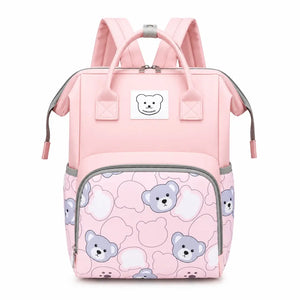 Baby diaper bag backpack pink bear print front view