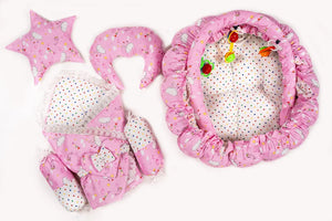 Pink Cloud Print Baby Snuggle Nest Bed Set with Pillows in Pakistan