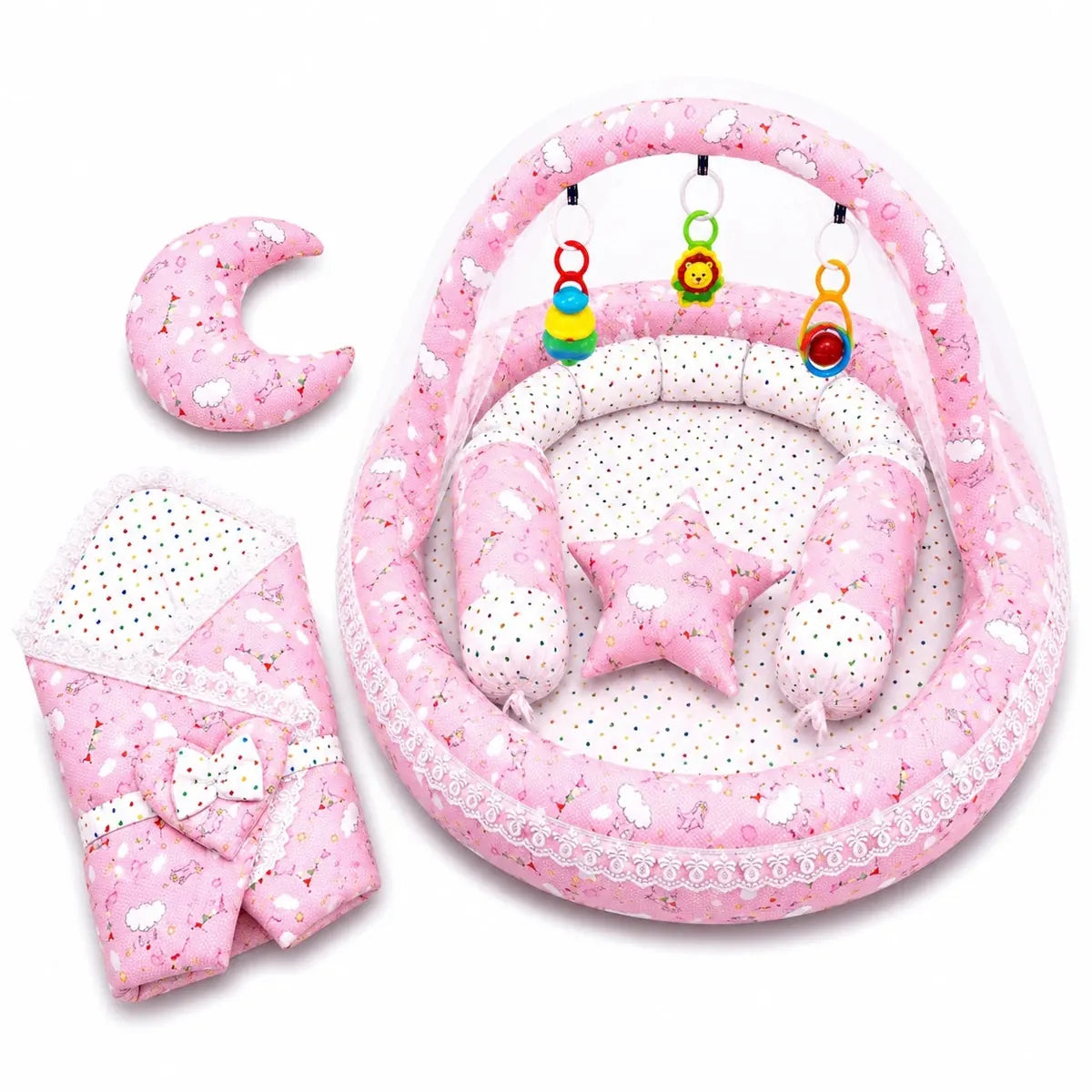 Pink Cloud Print Baby Snuggle Nest Bed Set with Mosquito Net and Pillows in Pakistan