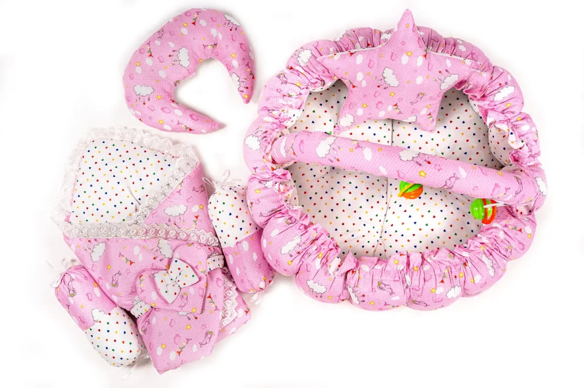 Pink Cloud Print Baby Snuggle Nest Bed Set with Pillows and Accessories in Pakistan