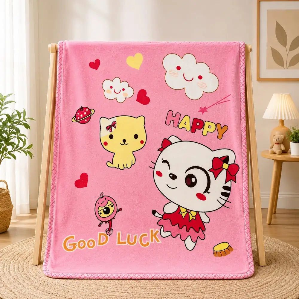 Pink baby soft blanket with cute cat design in Pakistan