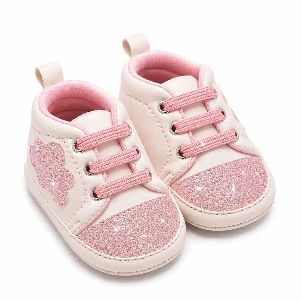 Pink glitter baby girl shoes with soft sole in Pakistan