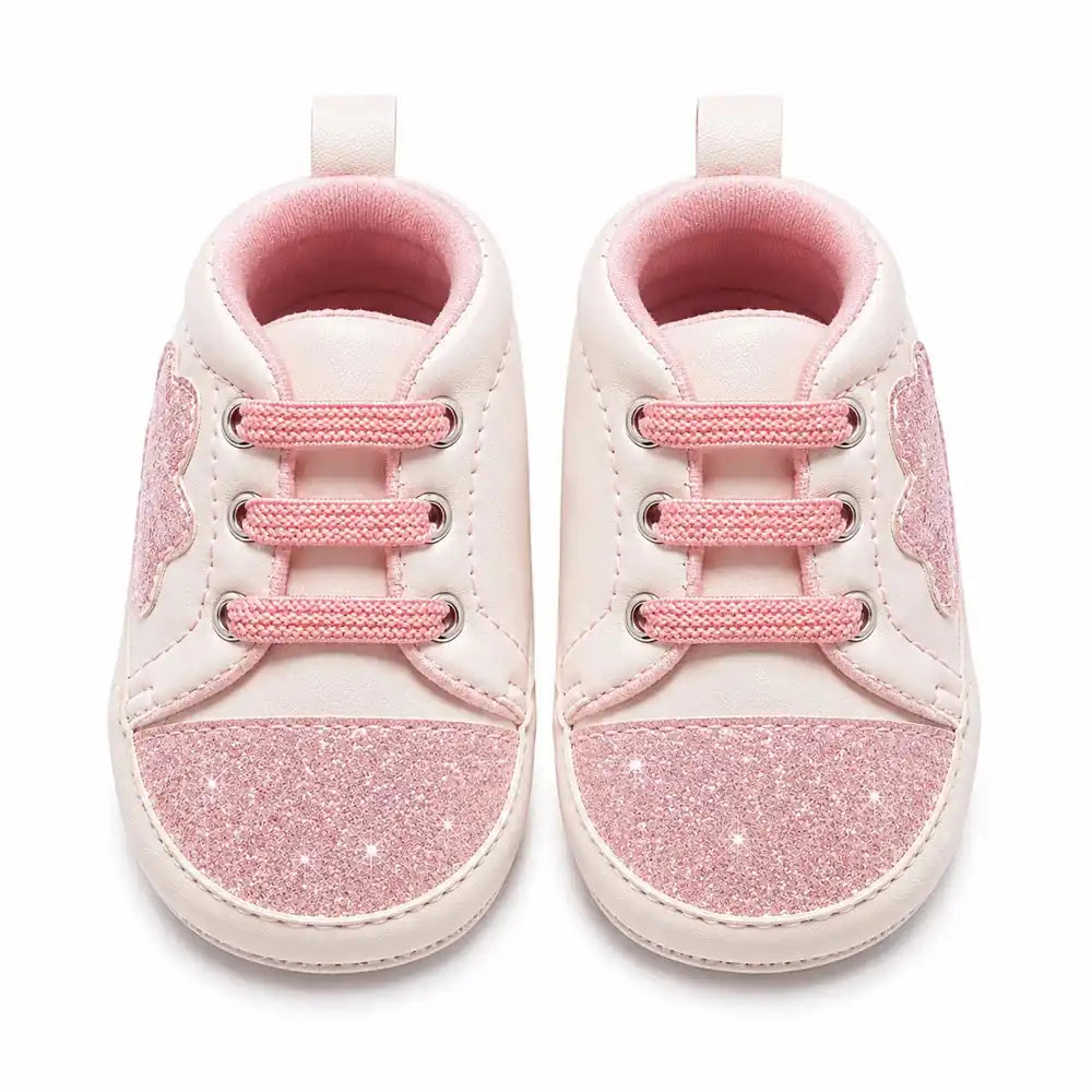 Pink glitter baby girl shoes front view in Pakistan