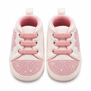 Pink glitter baby girl shoes front view in Pakistan