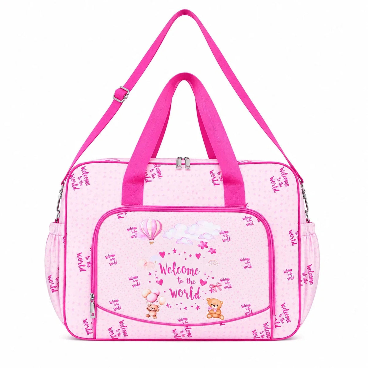 Pink baby diaper bag with shoulder strap and Welcome to the World print in Pakistan
