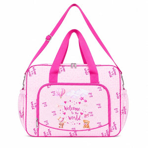 Pink baby diaper bag with shoulder strap and Welcome to the World print in Pakistan