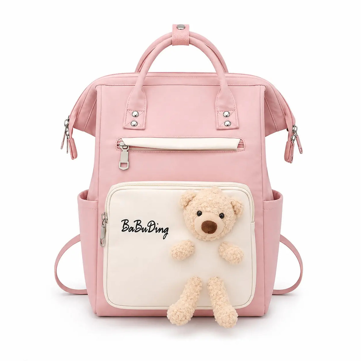 Pink and white baby diaper bag backpack with teddy bear front view