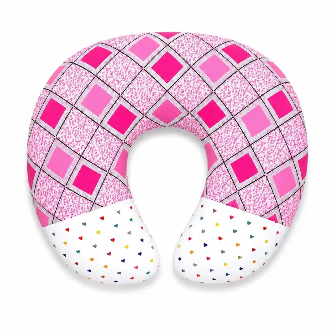 Pink baby nursing and feeding pillow with checkered heart print in Pakistan
