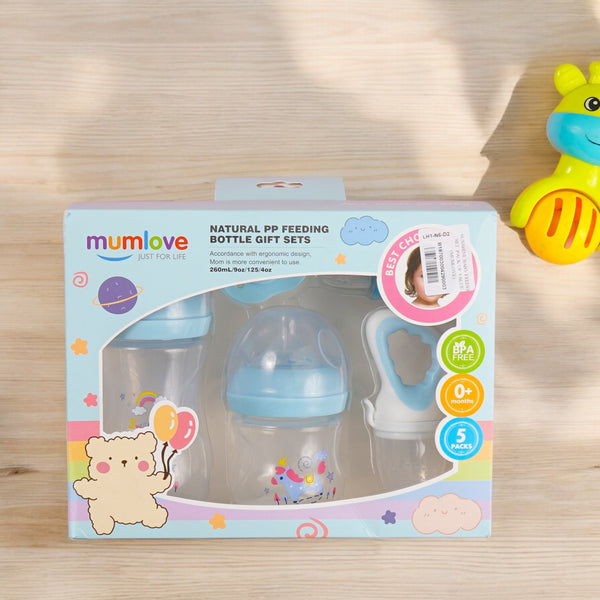 Blue premium baby feeder & pacifier gift set, BPA-free, food-grade silicone, includes feeders, pacifiers, nasal aspirator & gift box for newborns.