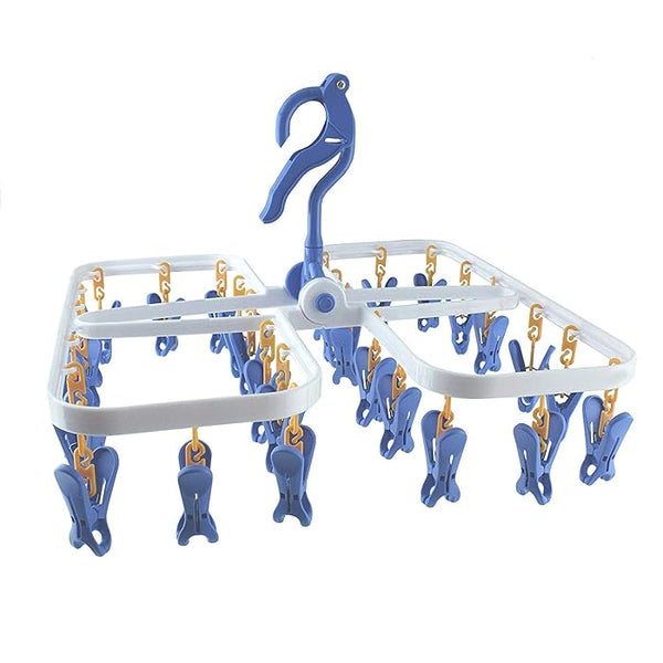 Premium foldable plastic hanging dry rack with 24 clothespins. Space-saving, durable, and ideal for home or travel use.