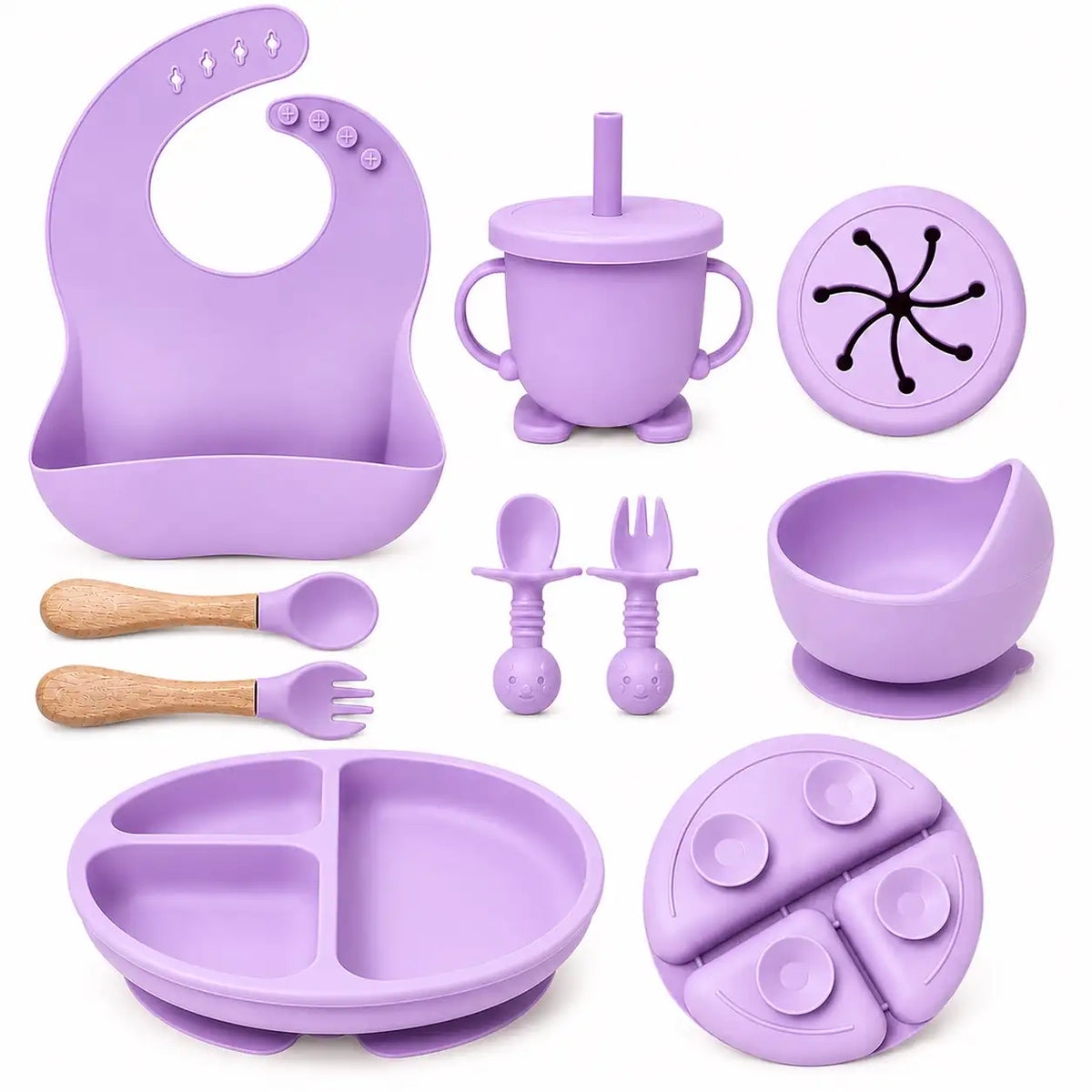 purple silicone baby feeding set with suction plate bowl and cup