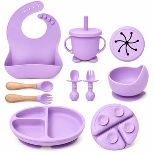 purple silicone baby feeding set with suction plate bowl and cup