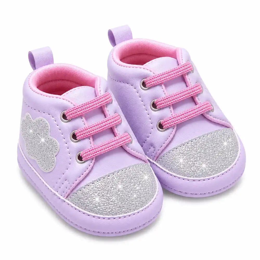 Purple baby girl shoes with silver glitter design in Pakistan
