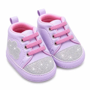Purple baby girl shoes with silver glitter design in Pakistan