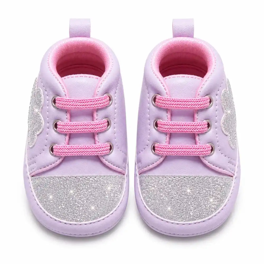 Purple baby girl shoes with silver glitter front view in Pakistan