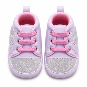 Purple baby girl shoes with silver glitter front view in Pakistan