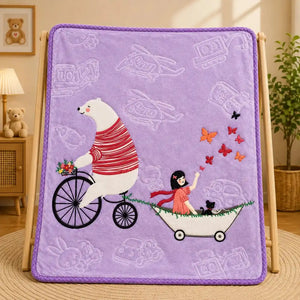 Baby soft blanket purple bear bicycle design in Pakistan