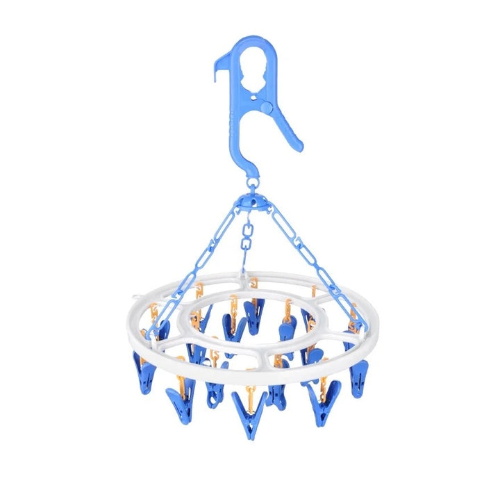 Round baby clothes drying hanger with 12, 14, 16, or 18 sturdy clips, 360° rotatable hook, and space-saving design for drying baby clothes, socks, and accessories.
