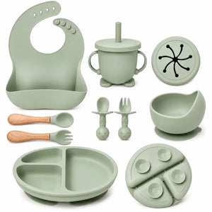 sage green silicone baby feeding set with suction plate and bowl
