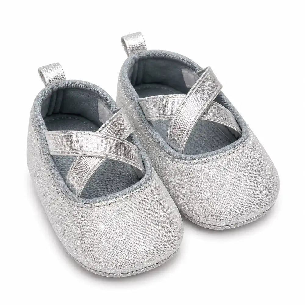 Silver glitter baby girl shoes with cross straps in Pakistan