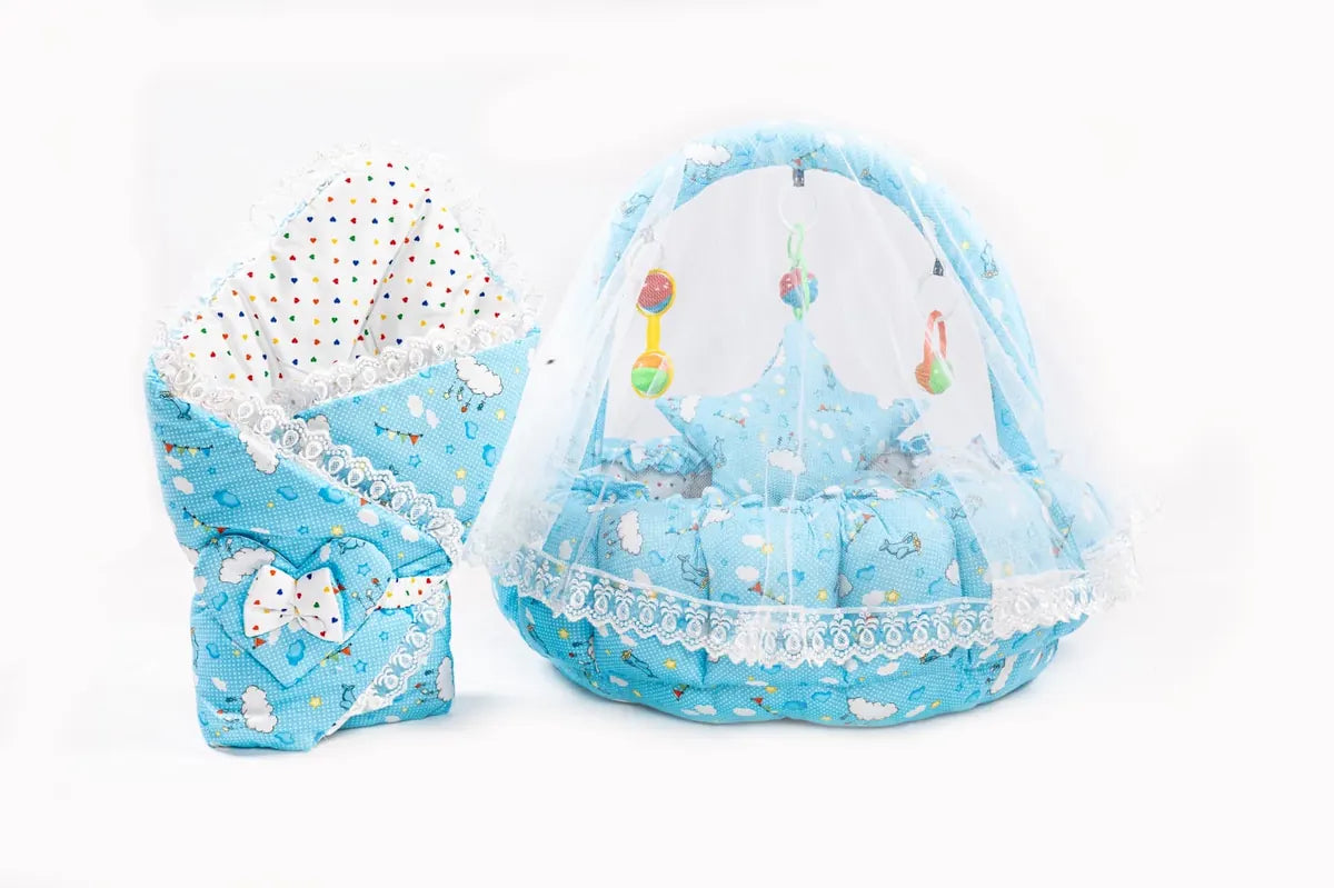 Blue Cloud Print Baby Snuggle Nest Bed Set with Mosquito Net in Pakistan