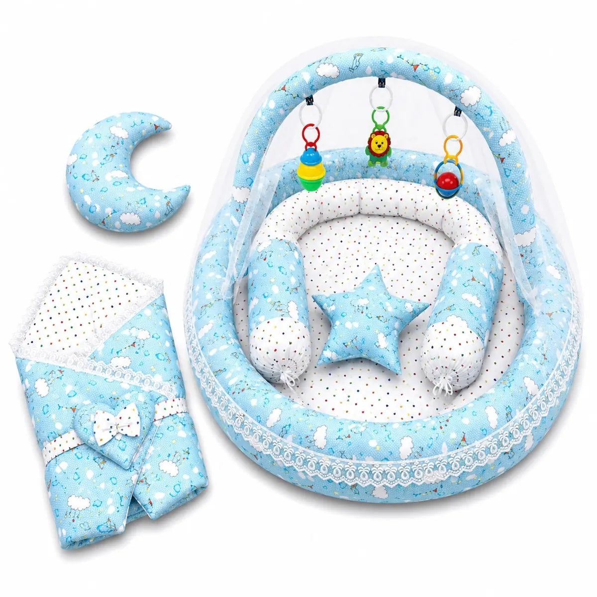 Blue Baby Snuggle Nest Bed Set with Mosquito Net in Pakistan