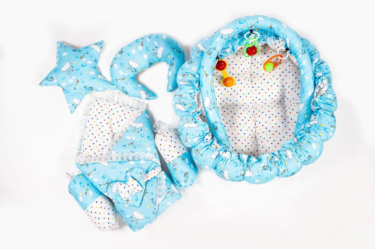 Blue Cloud Print Baby Snuggle Nest Bed Set with Pillows in Pakistan