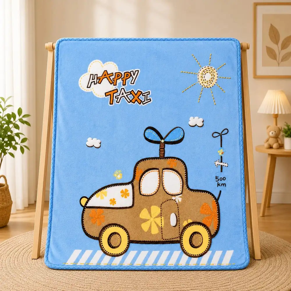 Blue baby soft blanket with Happy Taxi car design in Pakistan