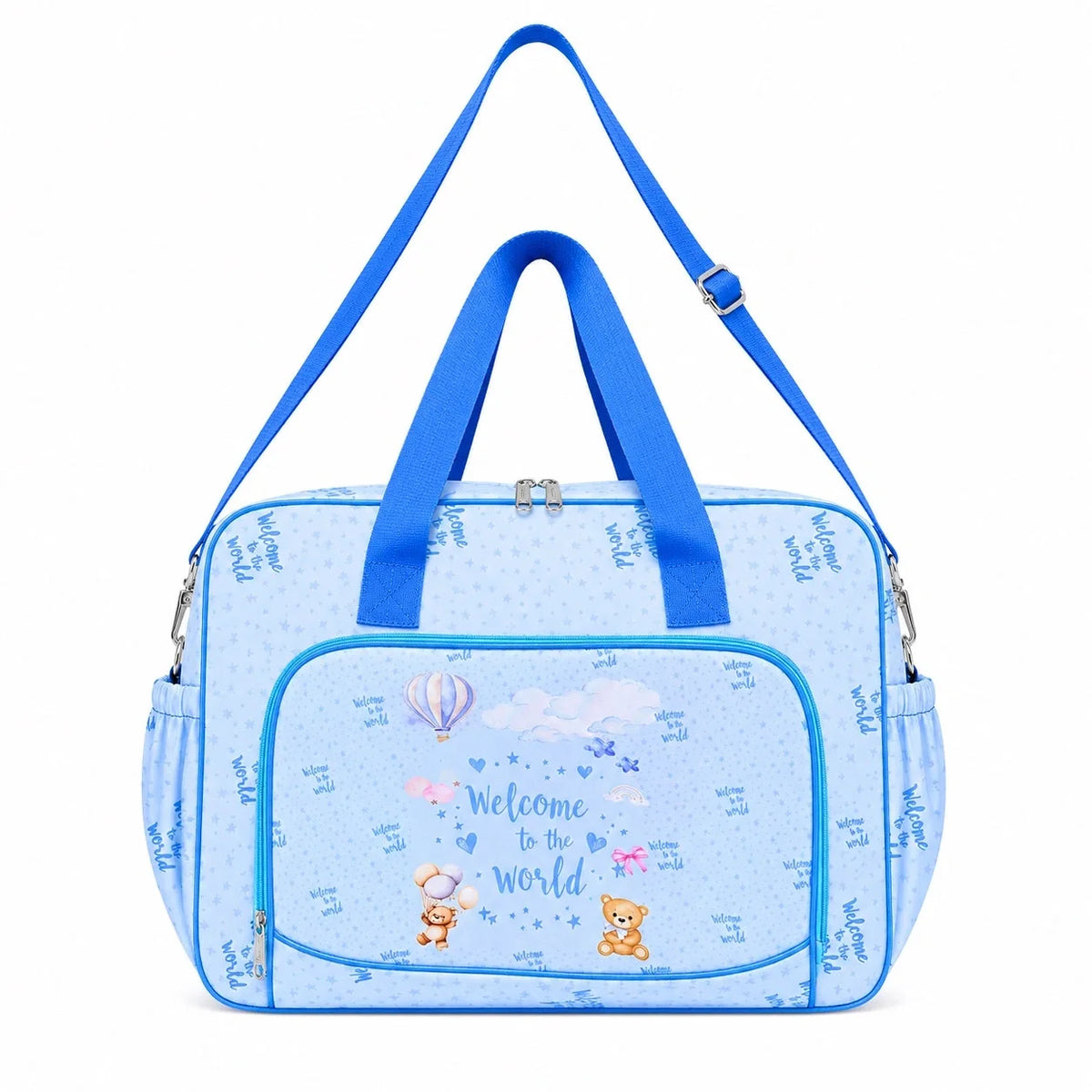 Sky blue baby diaper bag with shoulder strap and Welcome to the World print in Pakistan
