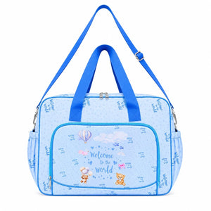 Sky blue baby diaper bag with shoulder strap and Welcome to the World print in Pakistan
