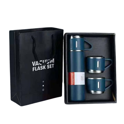 500ML stainless steel 3-in-1 vacuum thermos with 3 cups for hot and cold beverages.