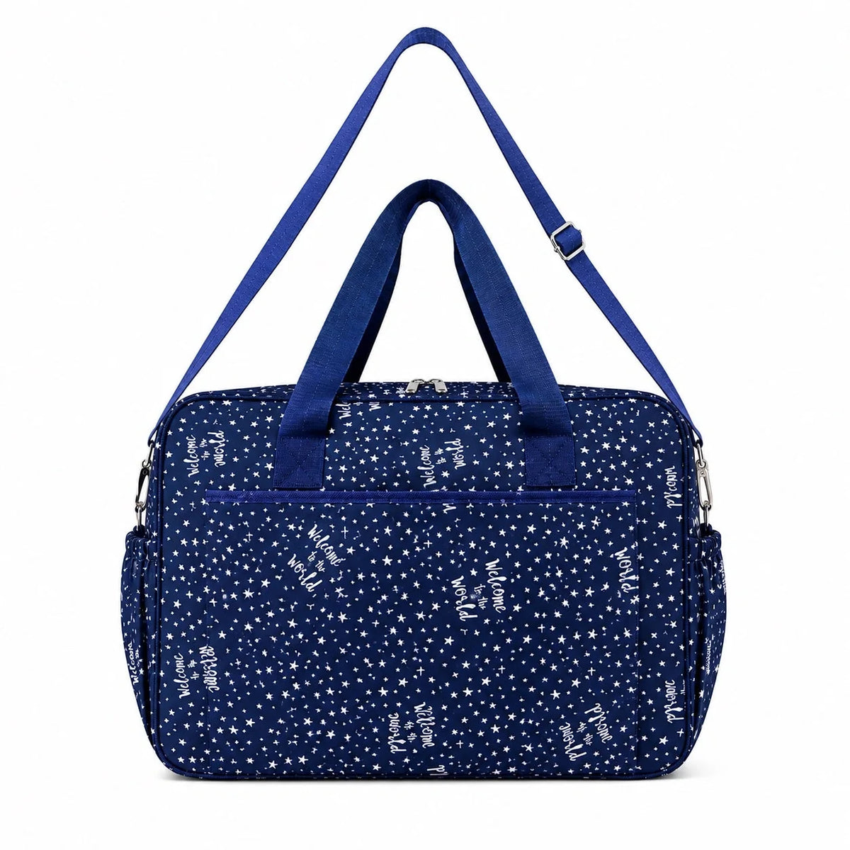 Navy blue baby diaper bag back view with shoulder strap and star print in Pakistan
