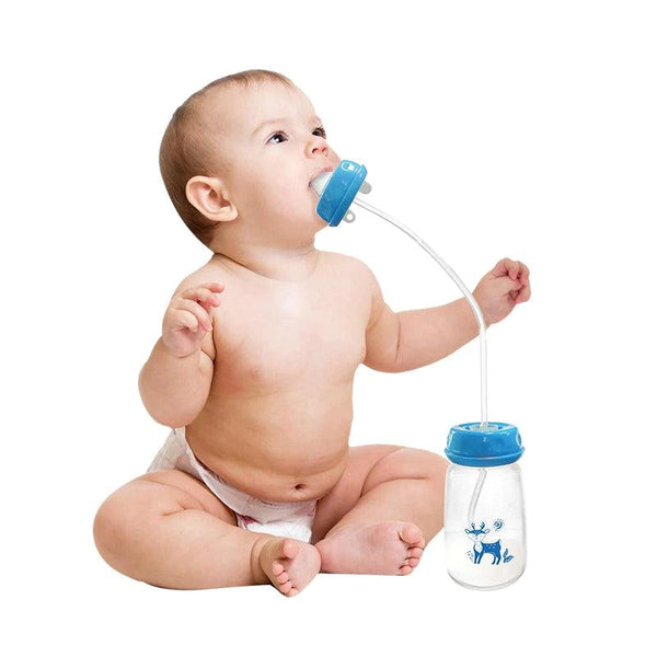Hands-free 150ml (5oz) baby feeding bottle with straw for upright feeding and colic prevention.