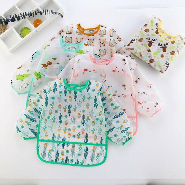 Waterproof Long Sleeve Baby Bib with Adjustable Cuffs, Back Tie Closure, and Food Pocket