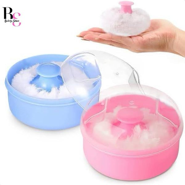 Delicate baby powder puff and refillable travel container for body and face powder, ideal for gentle use on skin with a soft artificial wool puff.