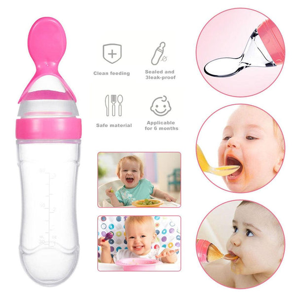 Silicone baby spoon bottle feeder for easy feeding of semi-solid foods like cereal, mashed vegetables, and juices.