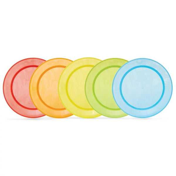 Set of 5 colorful, BPA-free toddler plates designed for safe and fun self-feeding.