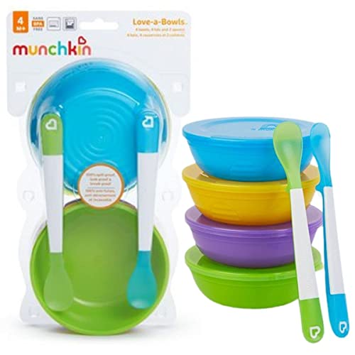 Set of 4 baby feeding bowls with secure lids and 2 soft-tip spoons, designed for spill-proof, leak-proof, and break-proof use.