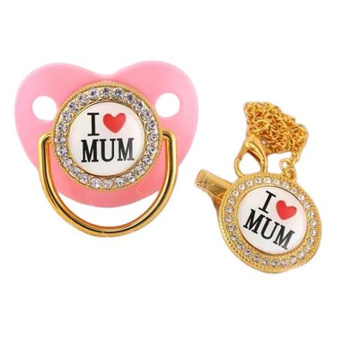 Luxury "I Love Mum" baby pacifier with rhinestone design and matching chain for style and convenience.