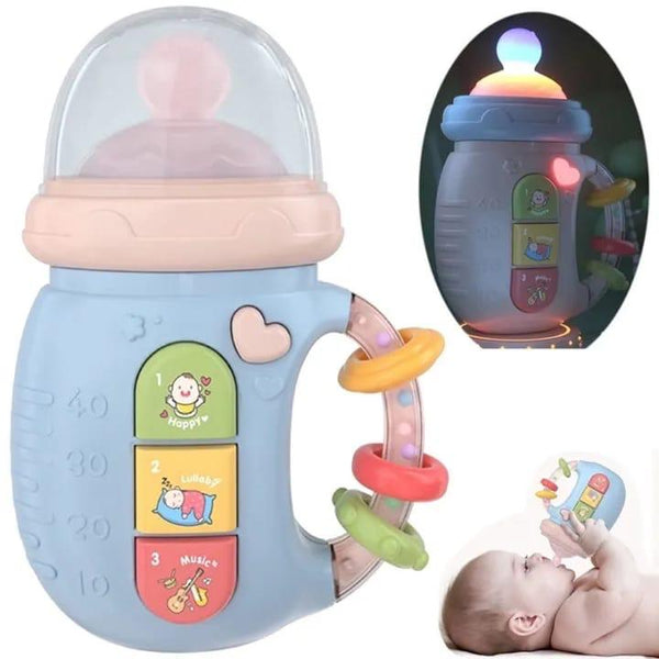 Interactive baby bottle music toy with 7-color lights, sensory sounds, and a teething pacifier for early development.