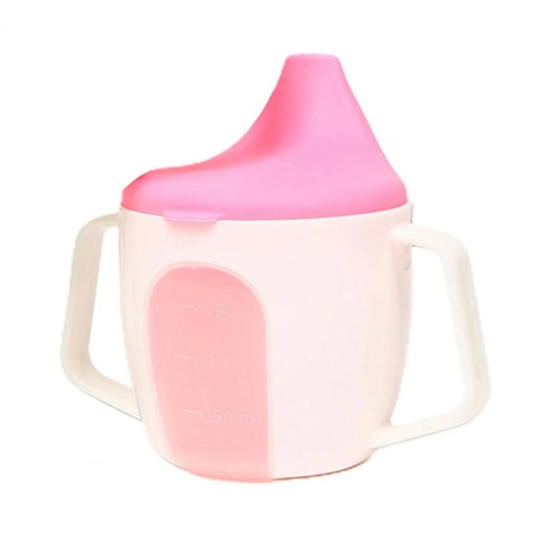 Baby water sipper cup with easy grip handles and transparent design for volume checking. Available in green, pink, and blue.