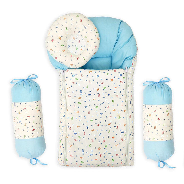 Soft and comfortable 4-piece baby sleeping bag set with bolster pillows, a head pillow, and a carry nest.