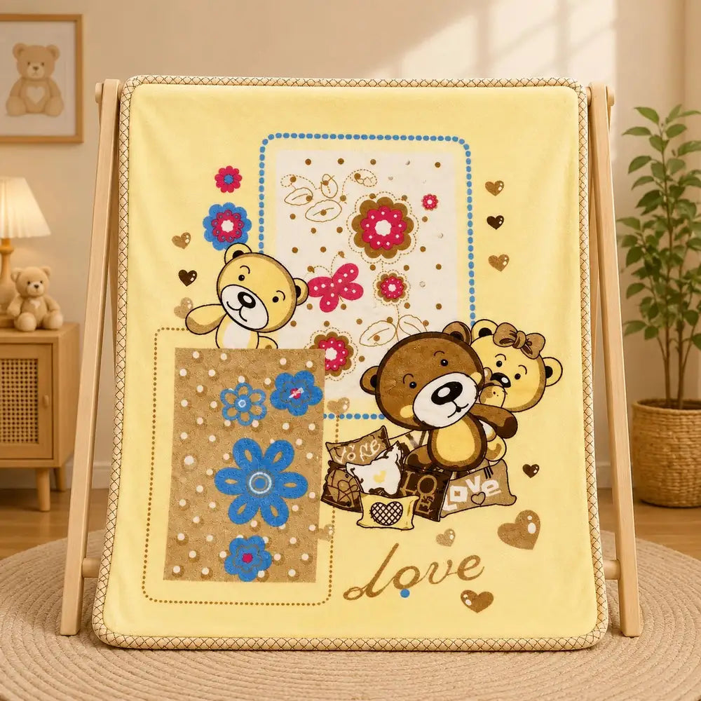 Yellow baby soft blanket with teddy bear love design in Pakistan