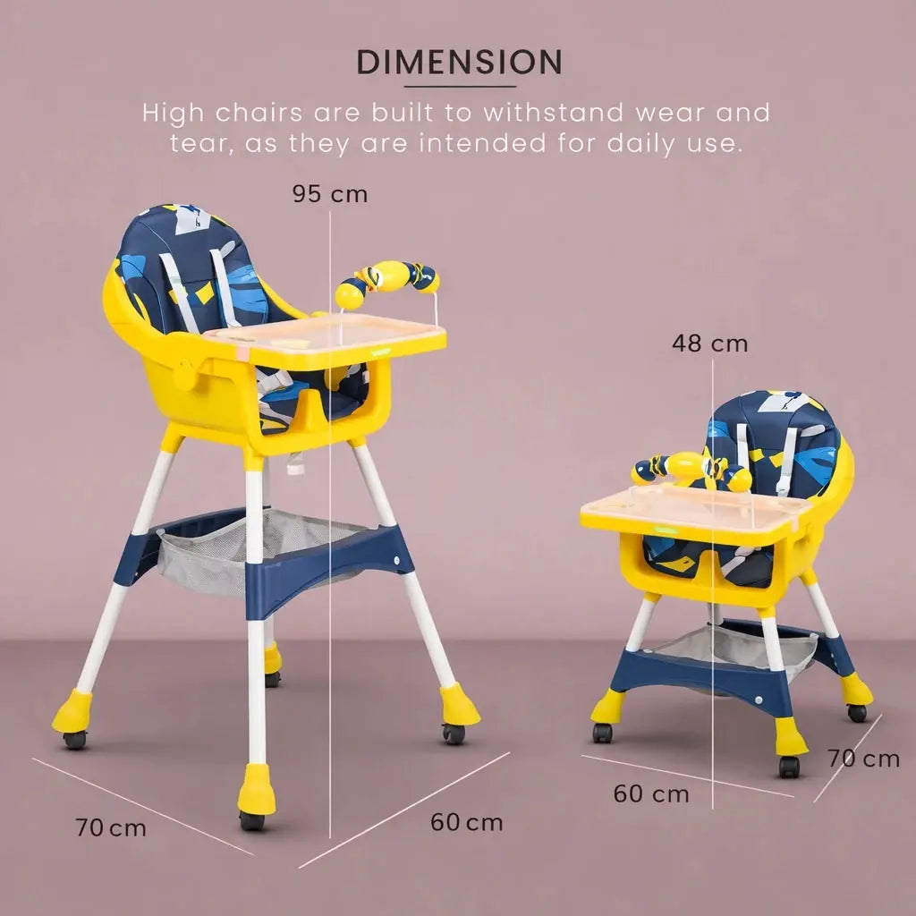 Convertible Baby High Chair Showing Adjustable High and Low Seating Modes for Feeding and Sitting