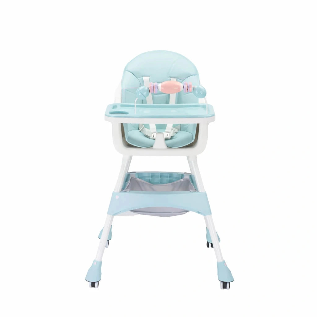 Blue Baby Feeding High Chair Front View with Removable Tray Padded Seat and Safety Harness