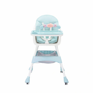 Blue Baby Feeding High Chair Front View with Removable Tray Padded Seat and Safety Harness