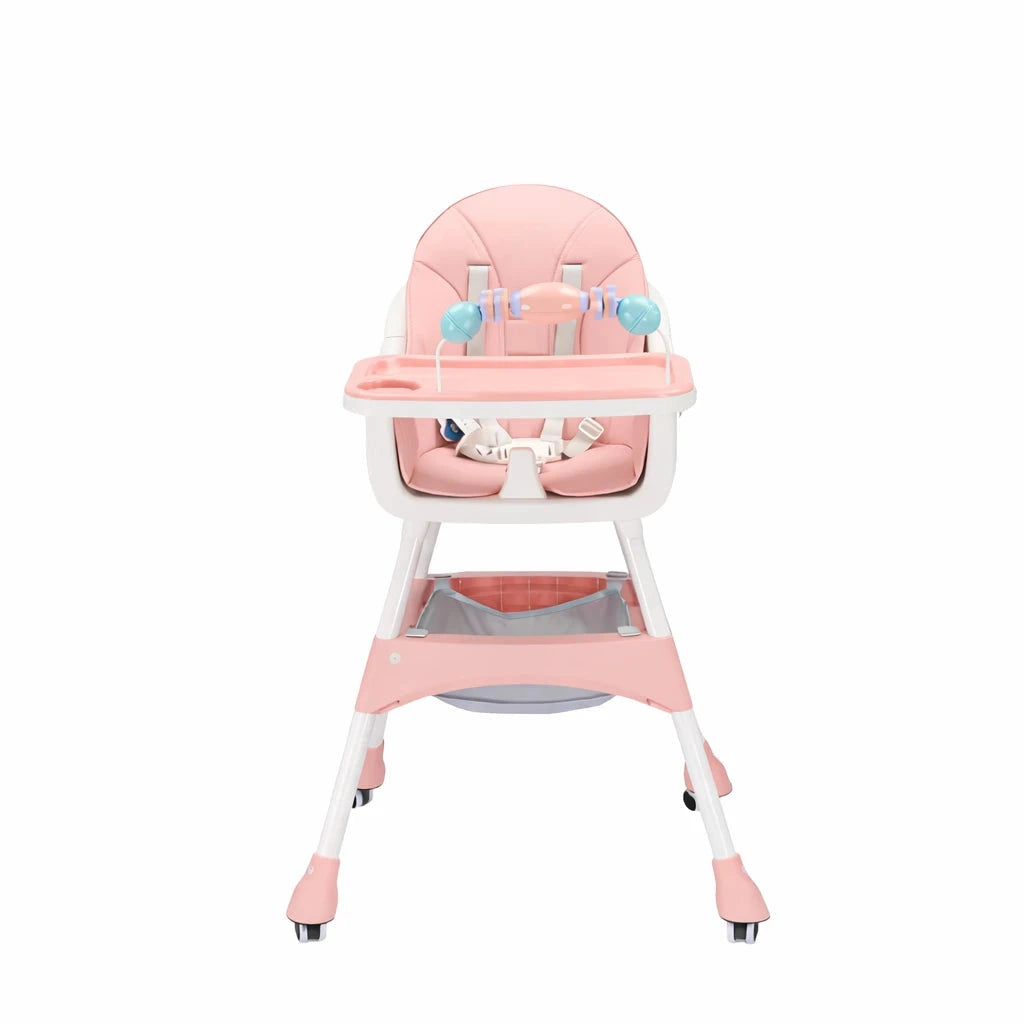 Pink Baby Feeding High Chair Front View with Cushioned Seat Feeding Tray and Safety Harness